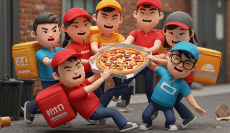 7 cartoon delivery man fight over a pizza